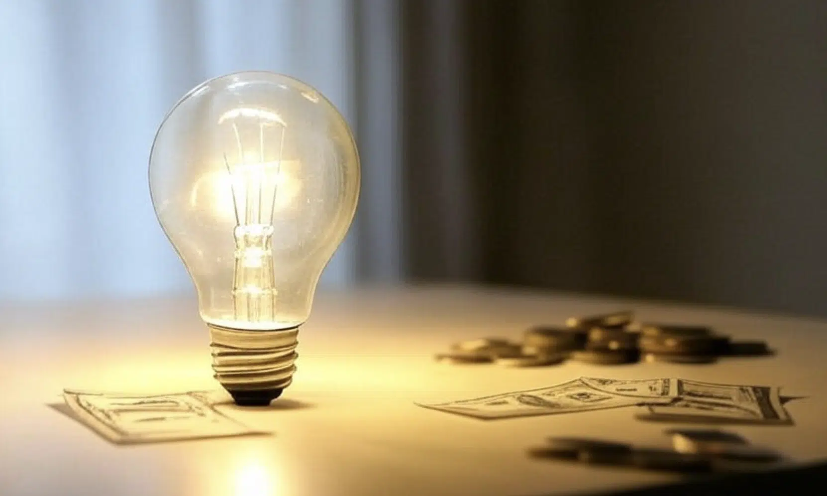 Bombilla encendida sobre una mesa con billetes y monedas dispersos alrededor.