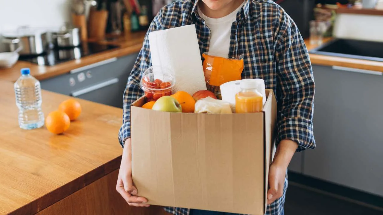 Persona sosteniendo una caja con varios productos de supermercado en una cocina.