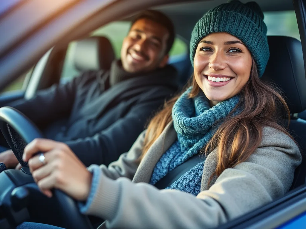 Mujer y hombre sonrientes sentados en el interior de un automóvil, la mujer está al volante.