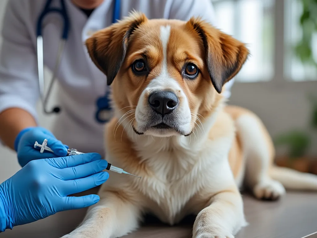 Un perro de raza mixta recibiendo una inyección de un veterinario con guantes azules.