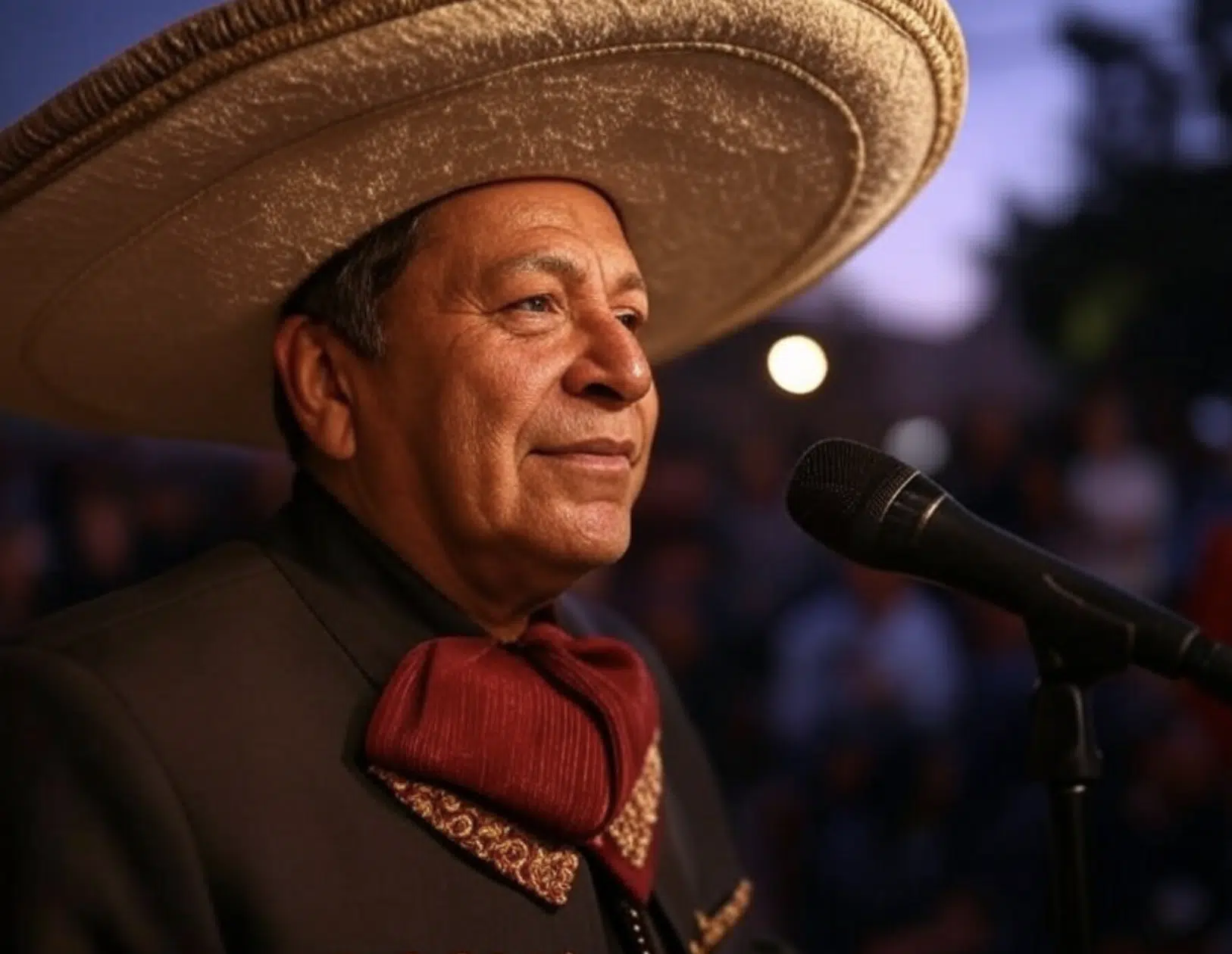 Hombre de mediana edad con sombrero mexicano y traje tradicional, de pie junto a un micrófono en un evento.