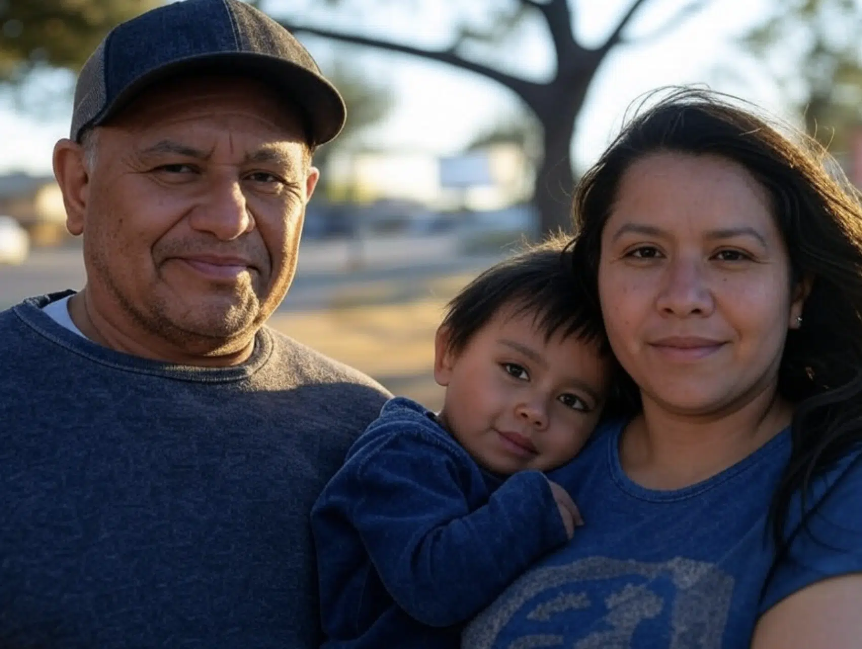 Hombre, mujer y un niño pequeño posando juntos al aire libre en un día soleado.