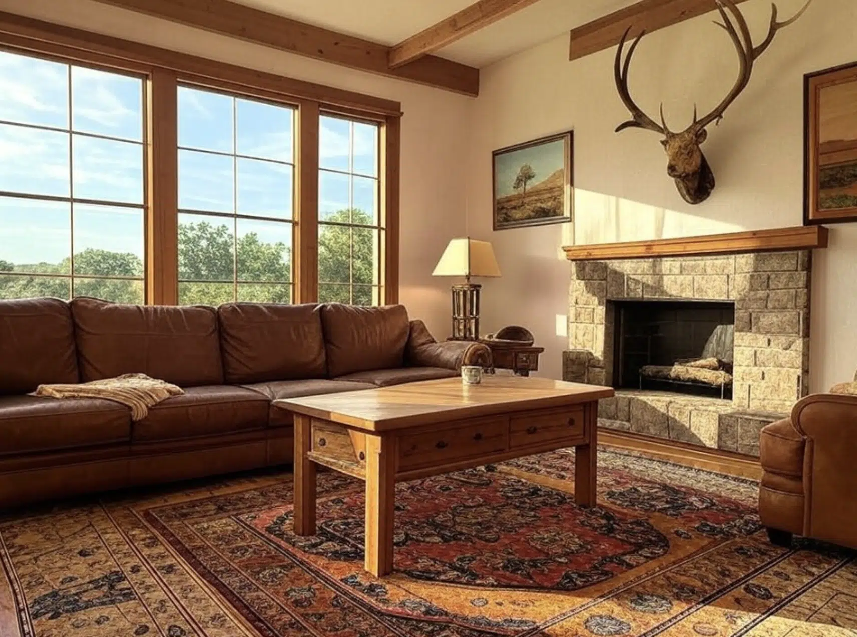 Sala de estar con sofá de cuero marrón, mesa de madera y chimenea de piedra.