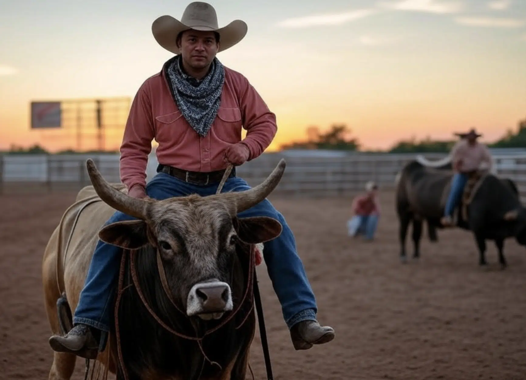 Hombre con sombrero de vaquero montando un toro en un rodeo al atardecer.