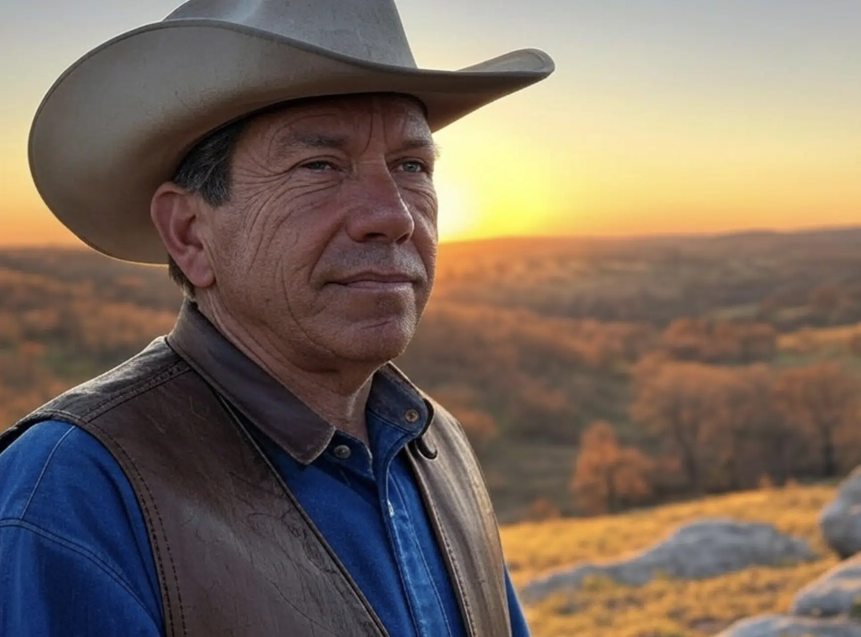 Hombre con sombrero de vaquero y chaleco, mirando hacia el horizonte durante el atardecer.