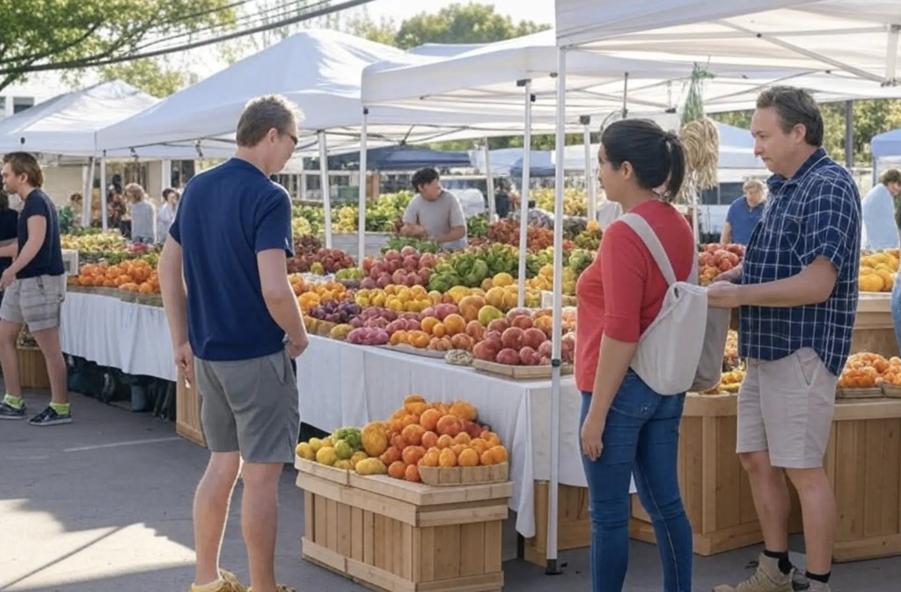 Puestos de frutas en un mercado al aire libre con varias personas observando las mercancías.