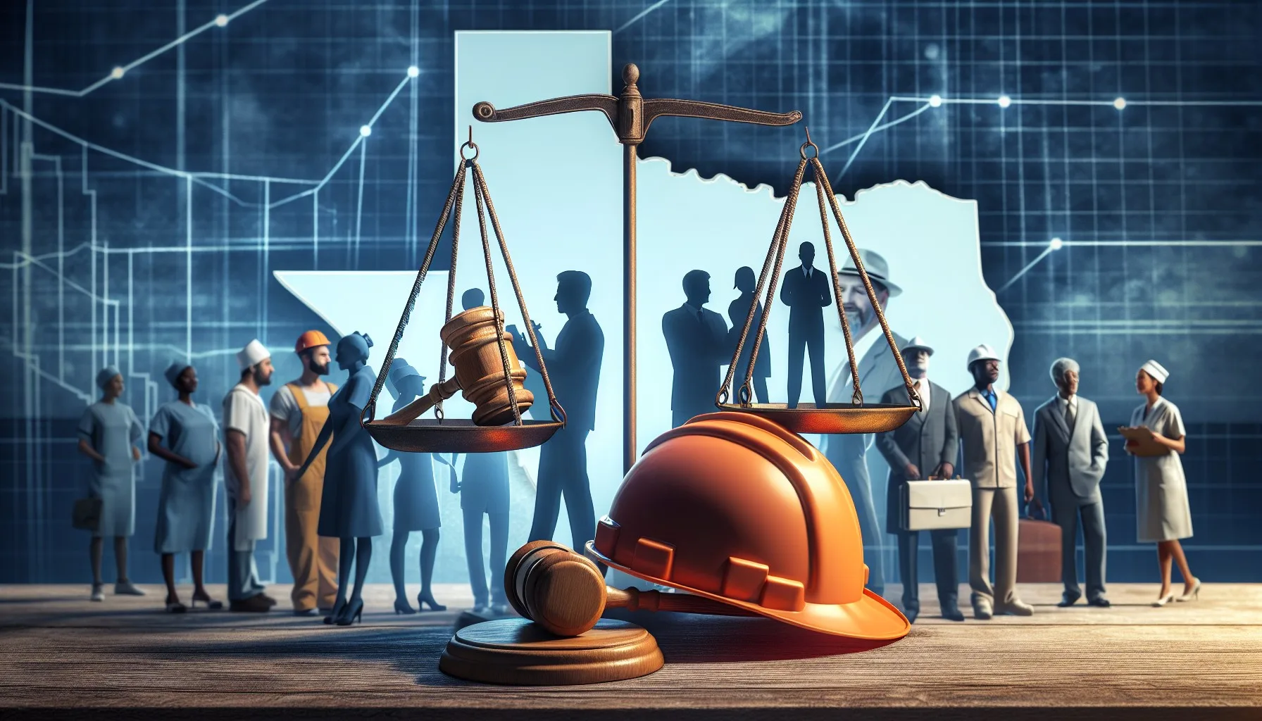 Escalas de justicia y un casco de construcción en primer plano con siluetas de personas en el fondo.
