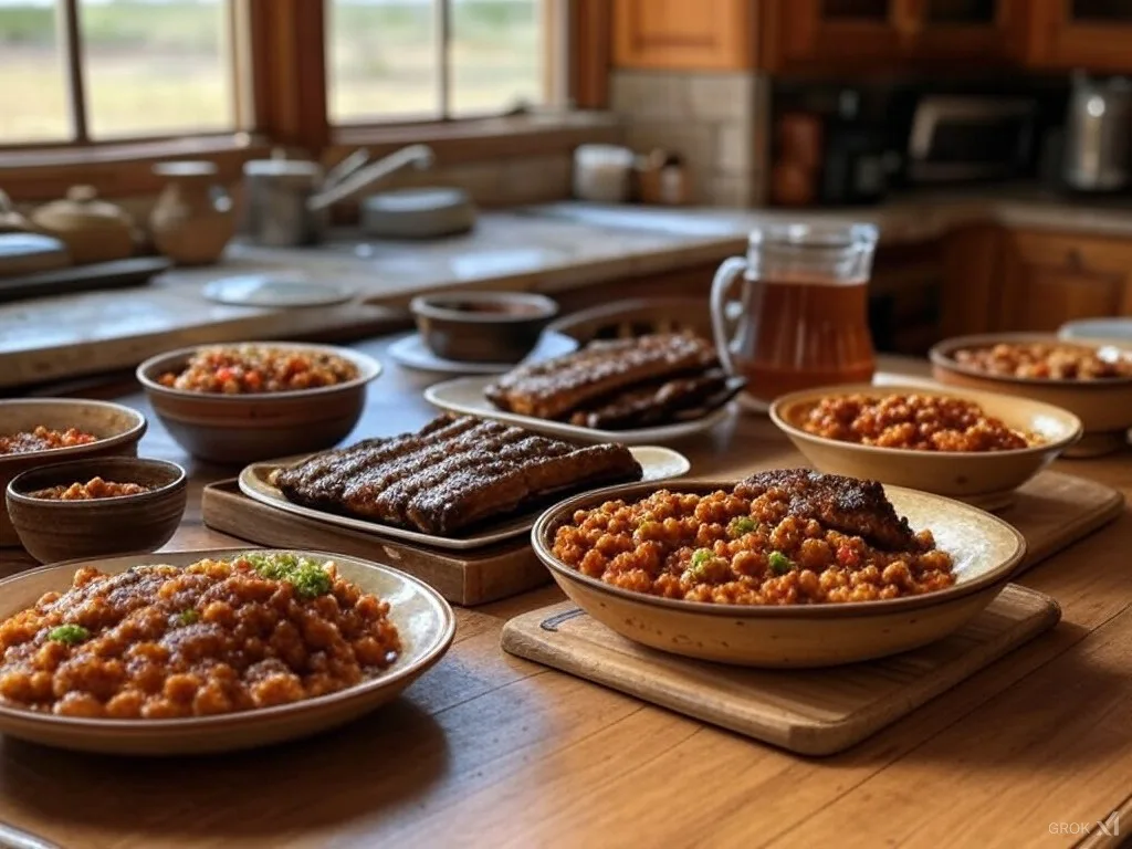 Varias porciones de comida servidas en platos sobre una mesa de cocina de madera.