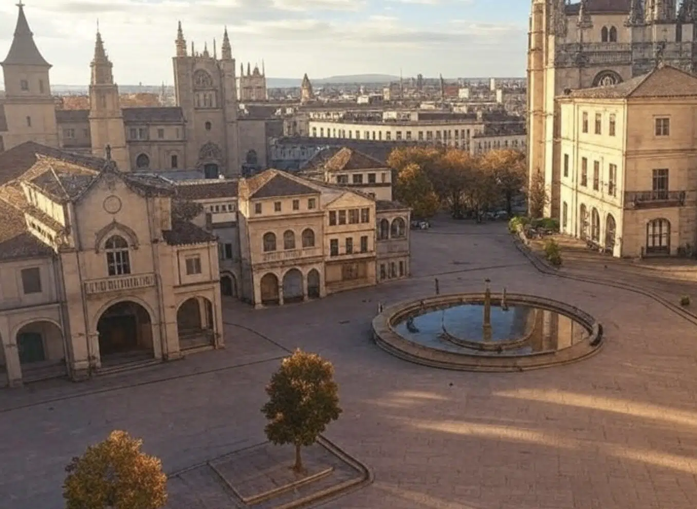 Vista aérea de una plaza con una fuente central y edificios históricos alrededor.