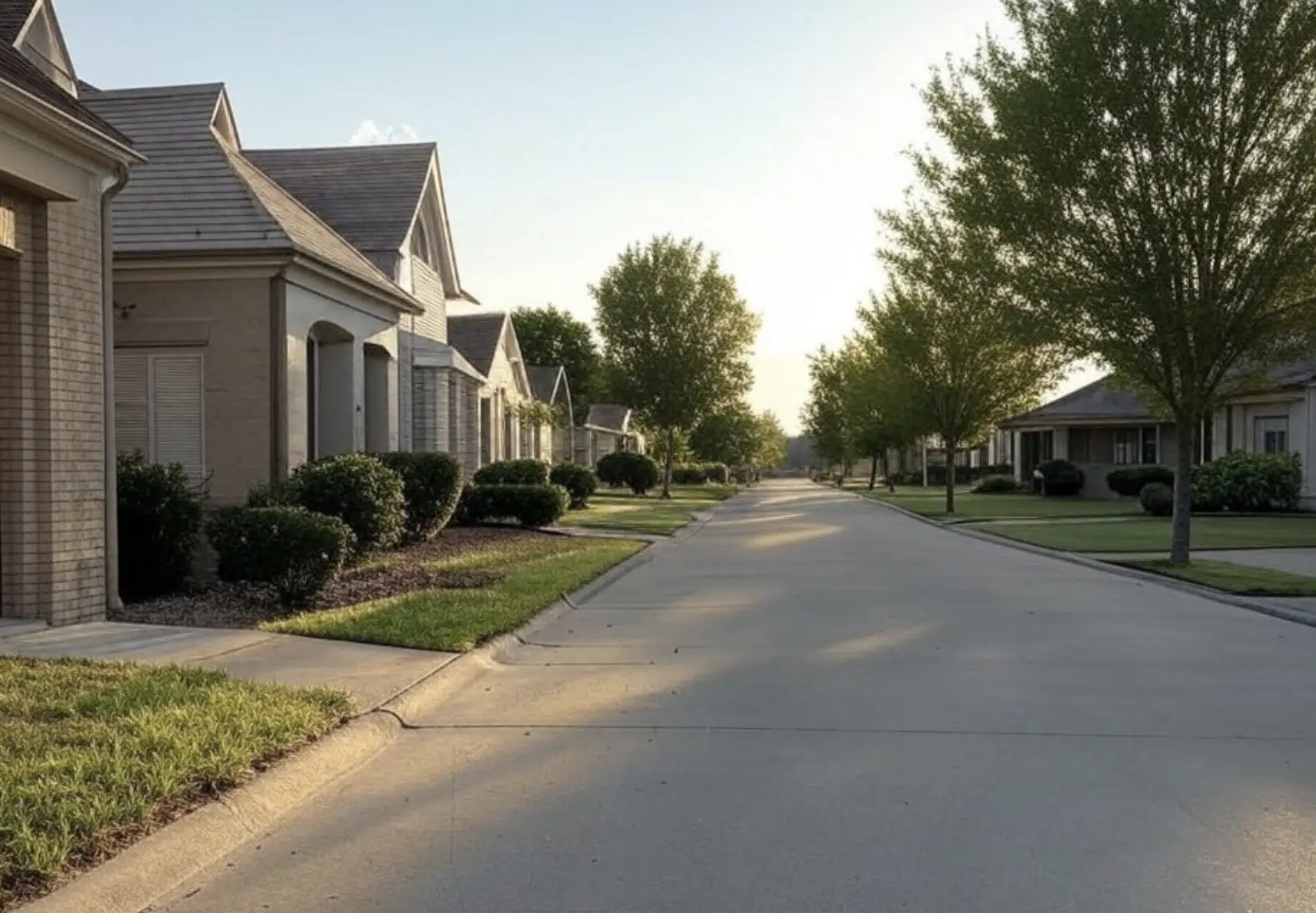 Vista de una calle residencial con casas y árboles a ambos lados en un día soleado.