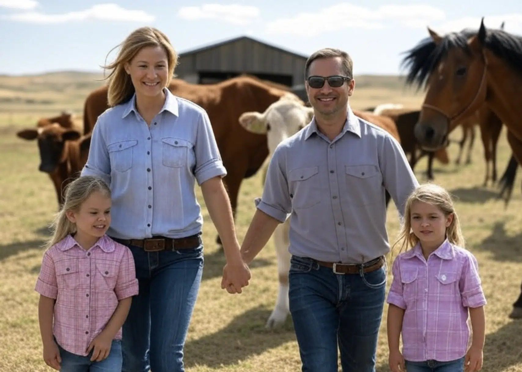 Una familia de cuatro personas caminando de la mano en un campo con vacas y caballos al fondo.