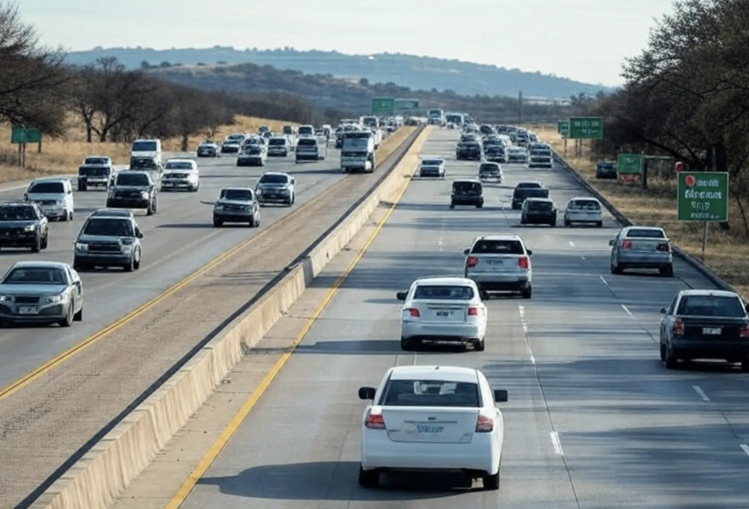 Carretera con múltiples vehículos en movimiento en ambas direcciones, mostrando tráfico moderado.