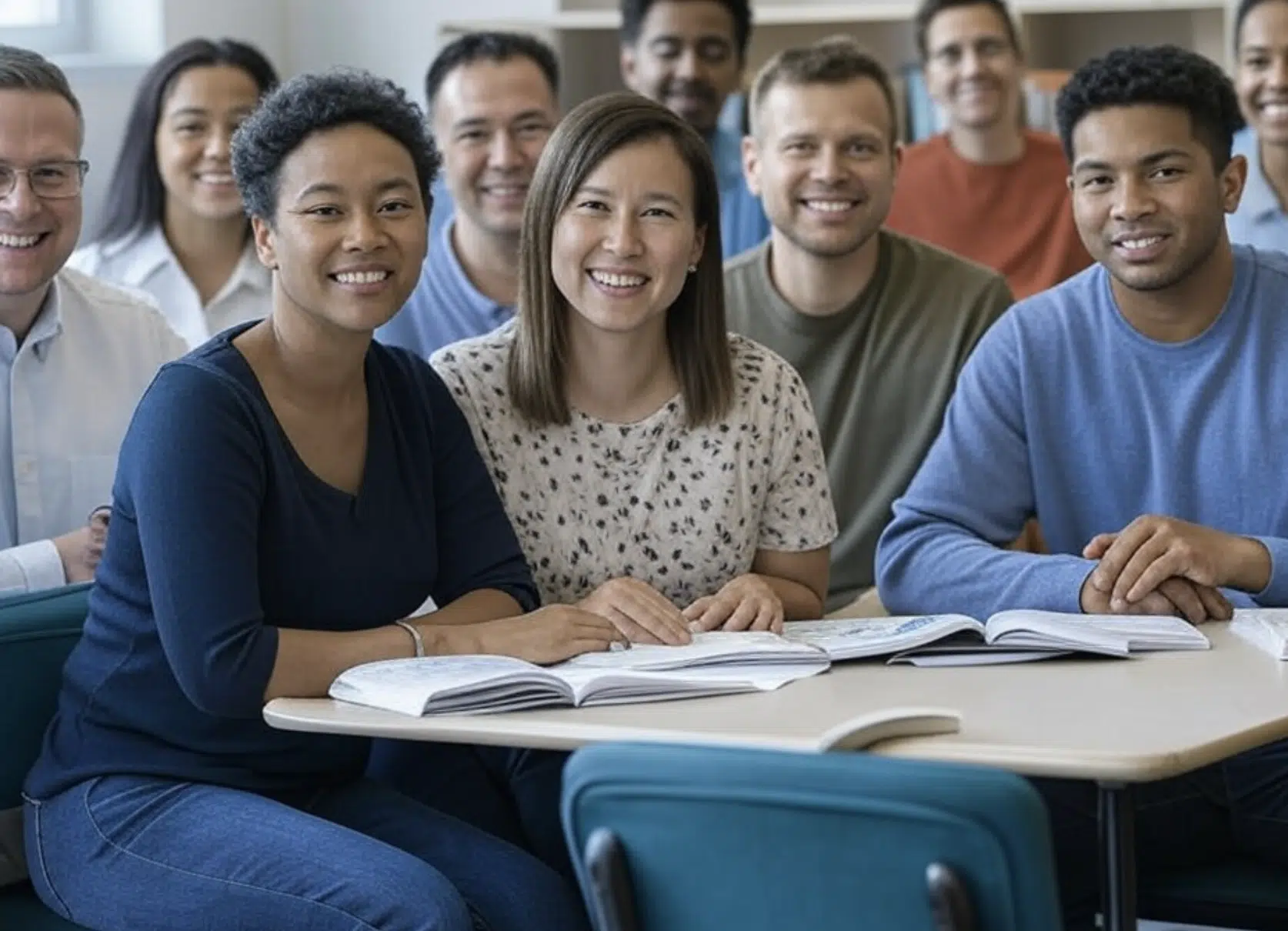 Grupo de ocho personas sonriendo mientras están sentadas en una mesa con libros abiertos.