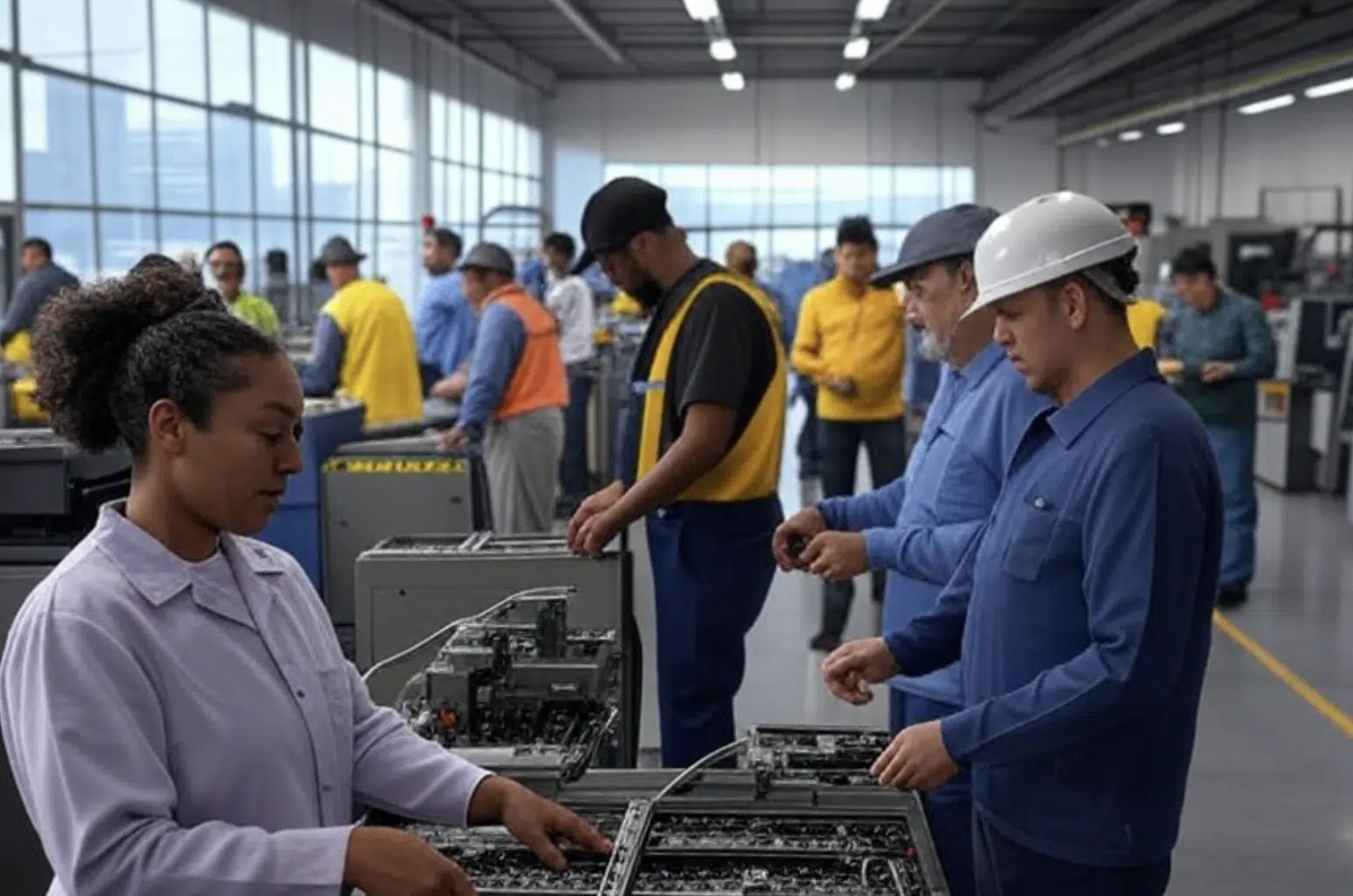 Grupo de trabajadores en una línea de ensamblaje en un entorno industrial.