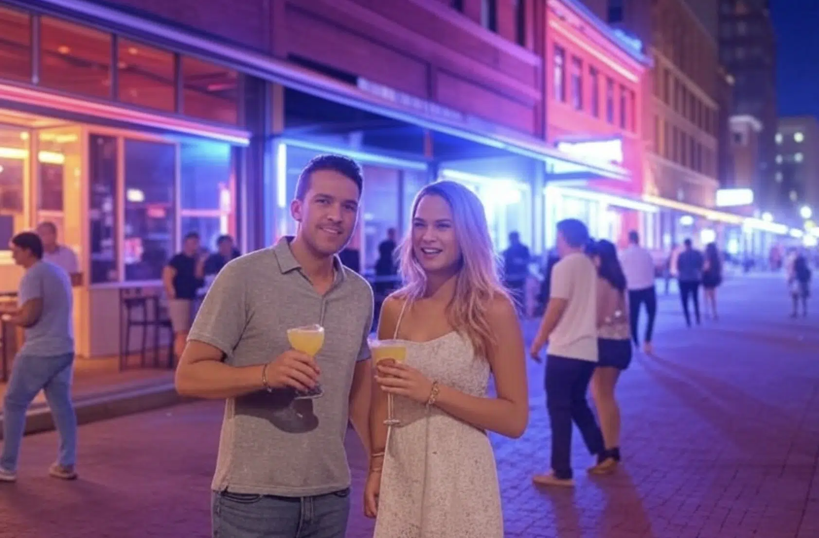Hombre y mujer sosteniendo cócteles en una calle con luces de colores en un ambiente urbano.