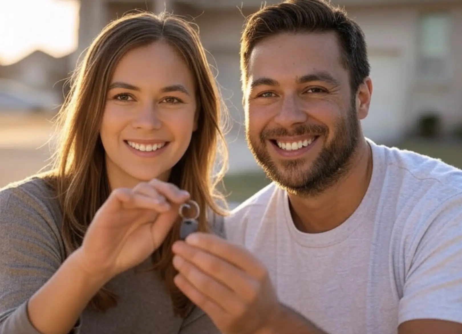 Una pareja sonriente sosteniendo un juego de llaves en un entorno al aire libre.