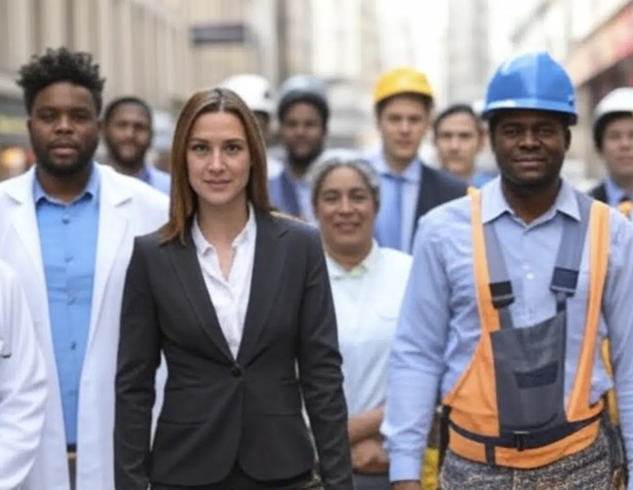 Grupo de personas de diversas profesiones posando en una calle de la ciudad.