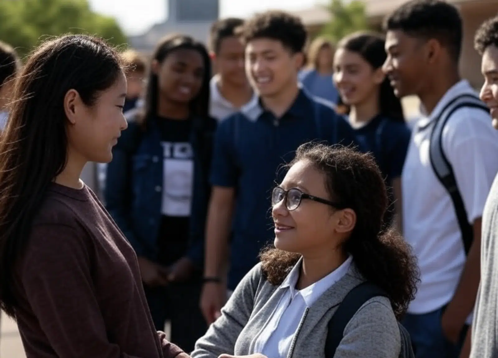 Dos estudiantes conversando mientras otros compañeros de clase están de fondo en un entorno escolar.