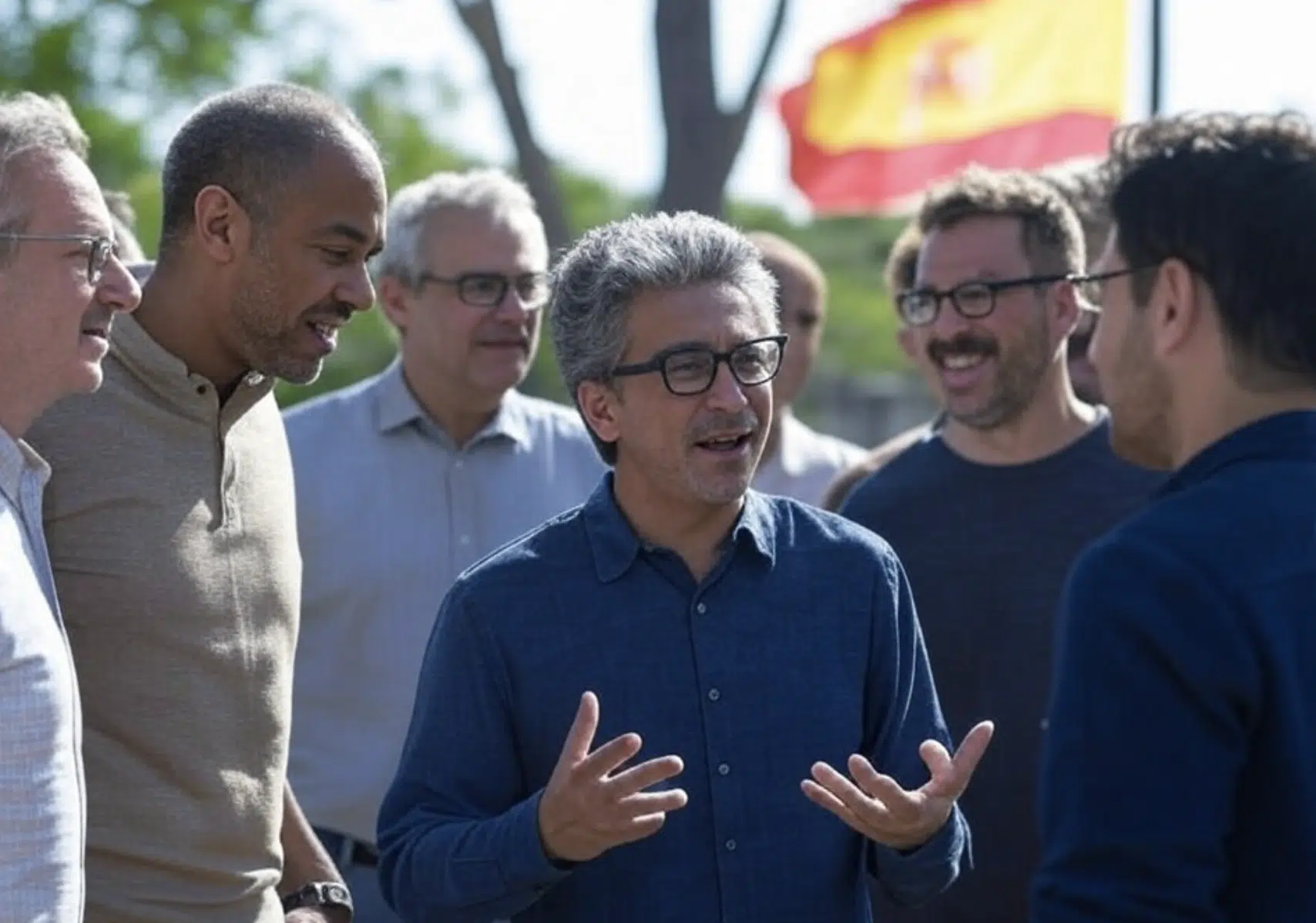 Grupo de seis hombres conversando al aire libre, con un fondo de bandera española.