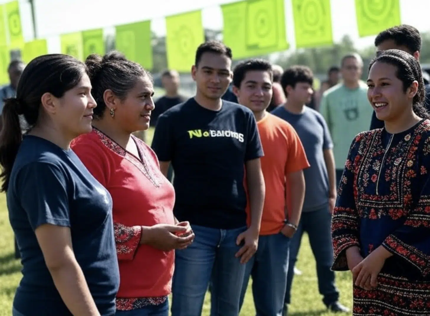 Cuatro personas conversando en un evento al aire libre con banderas verdes en el fondo.