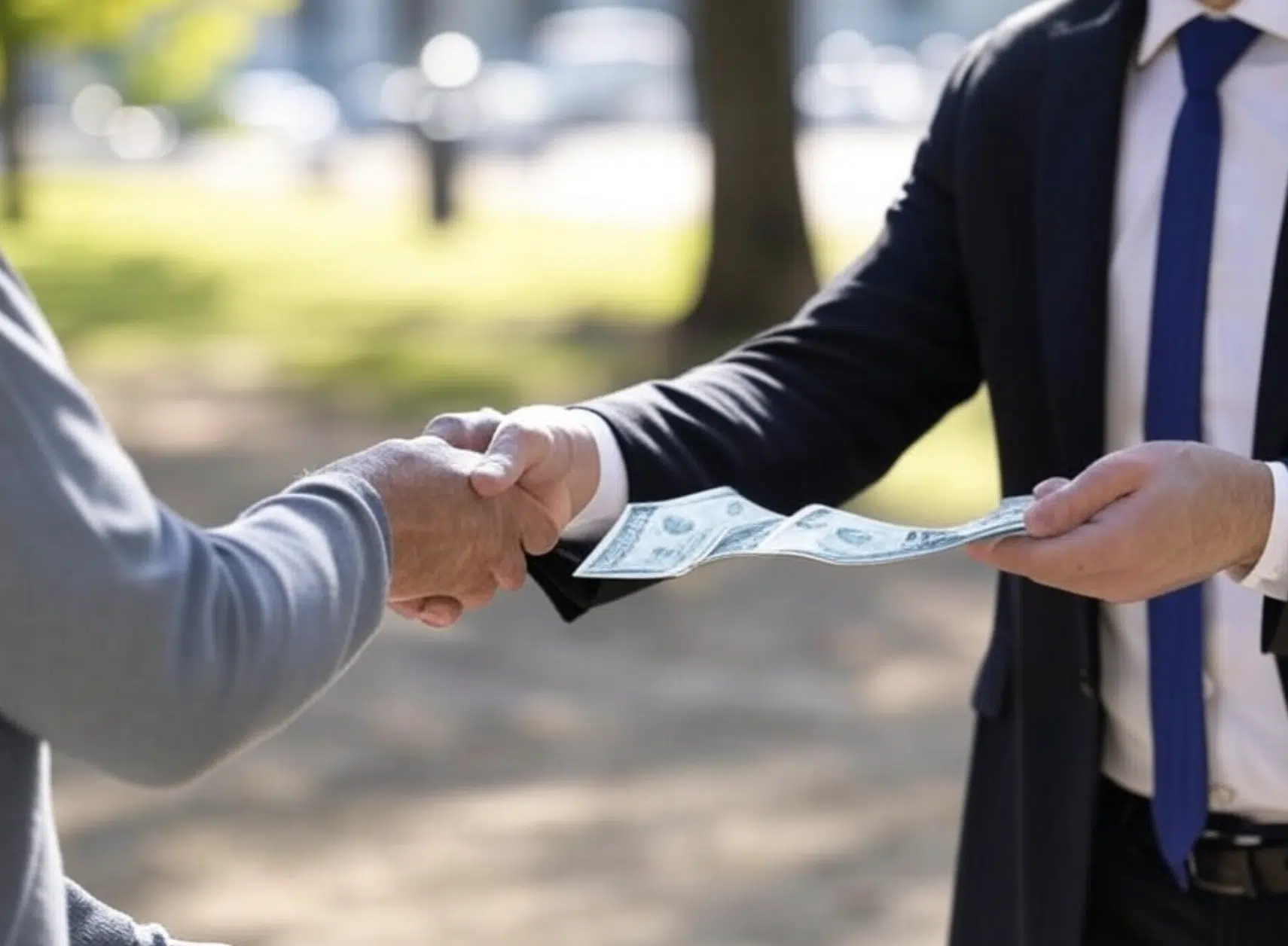 Dos manos realizando un intercambio de billetes en un entorno al aire libre.