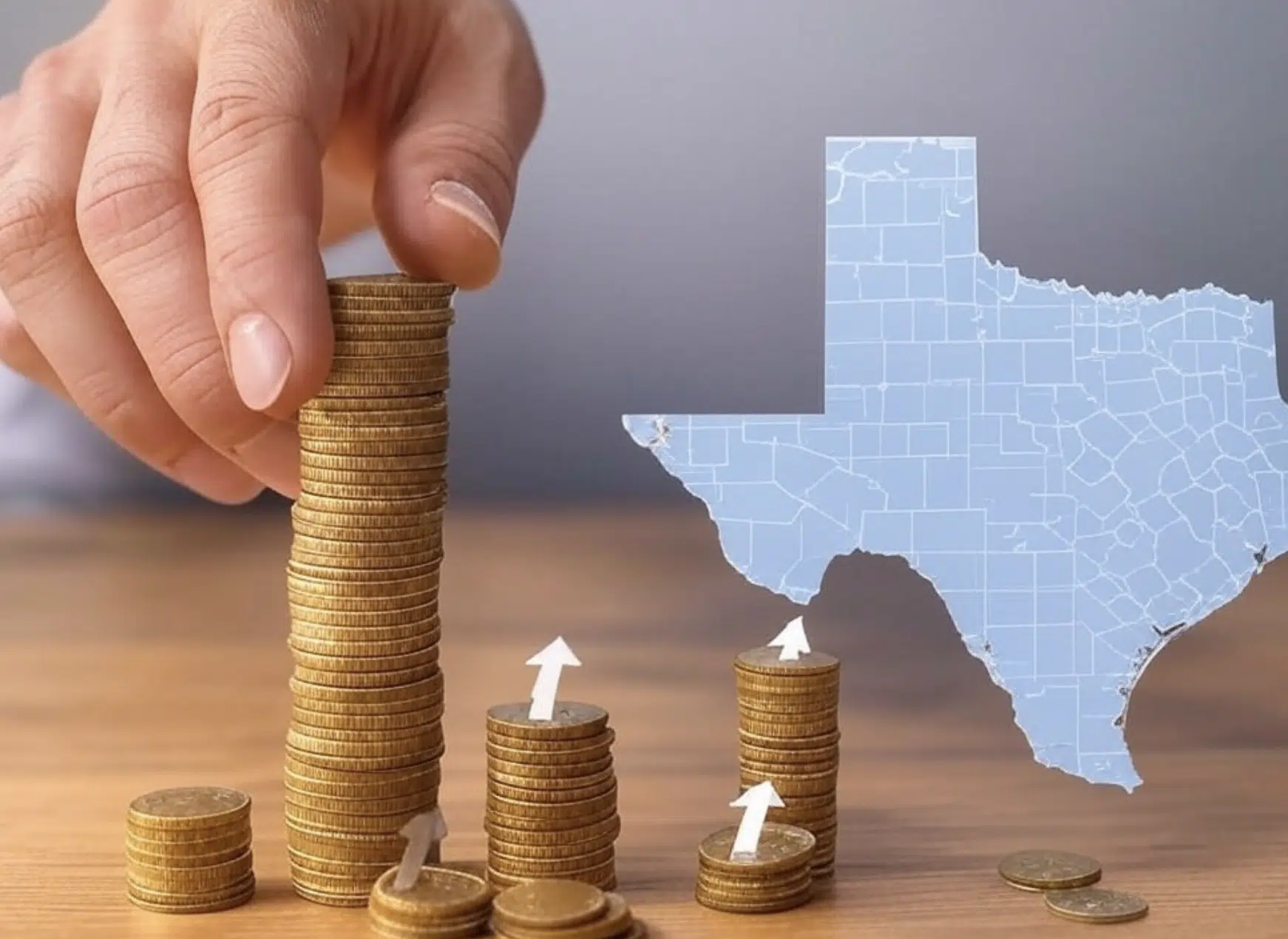 Mano colocando monedas en una pila junto a un mapa de Texas en color azul claro.