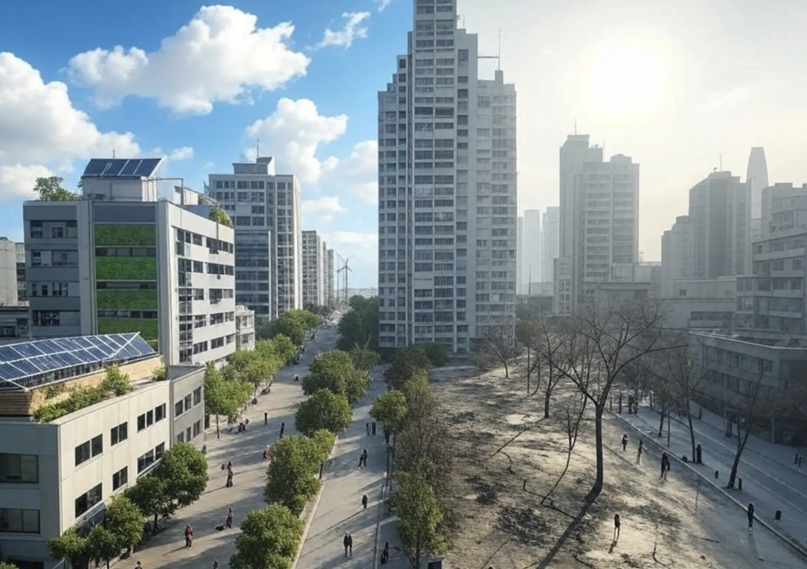 Vista de una ciudad moderna con edificios altos y árboles en una calle amplia.