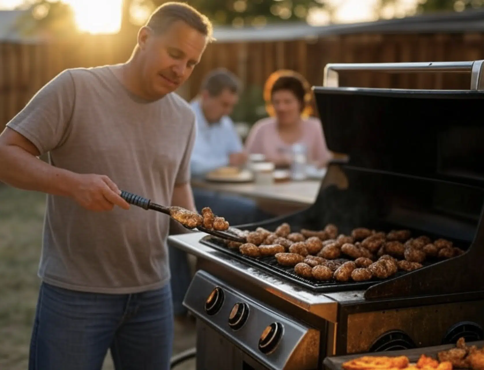 Hombre utilizando pinzas para voltear alimentos en una parrilla al aire libre durante una reunión social.