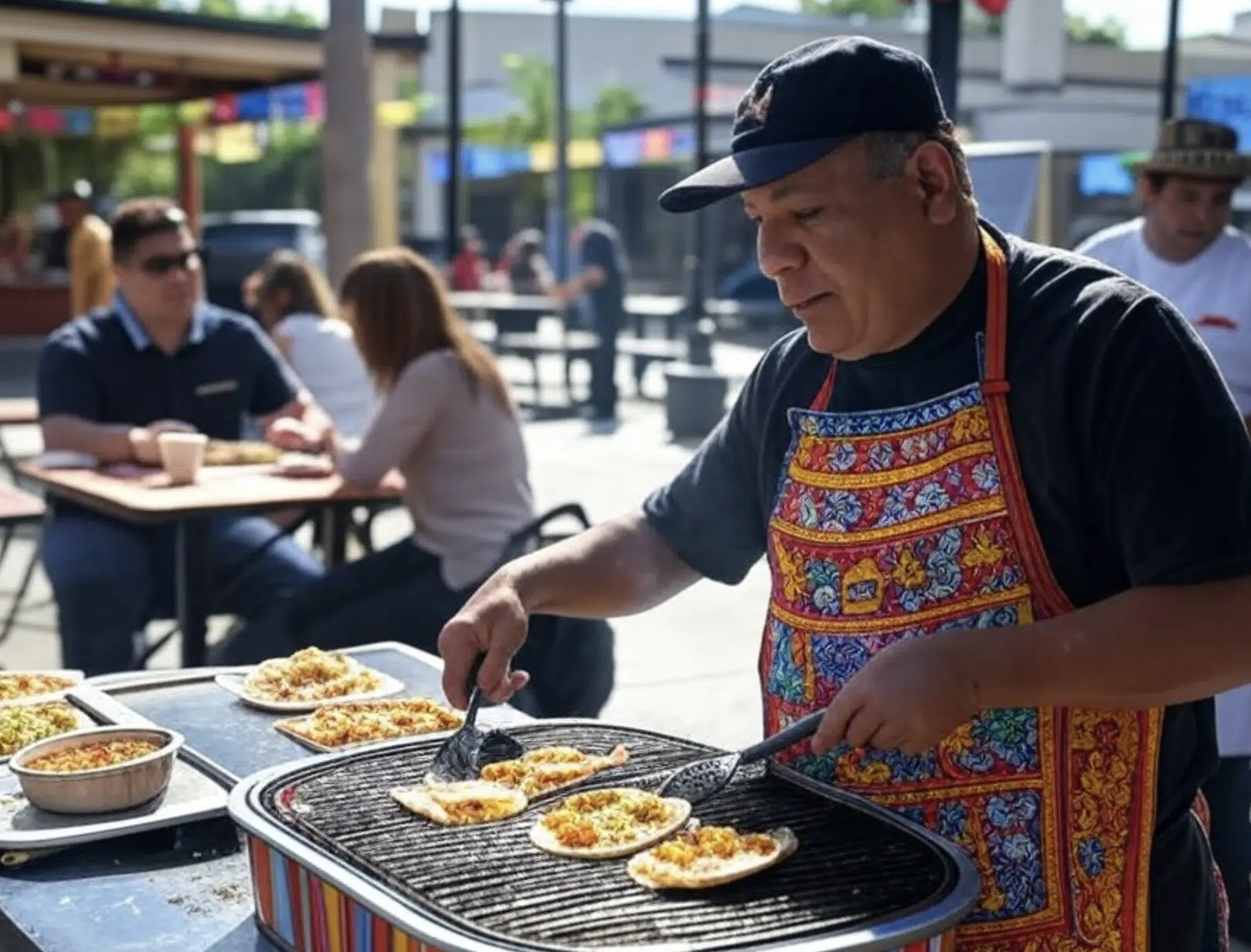 Hombre en un delantal colorido cocinando tacos en una parrilla en un puesto de comida al aire libre.