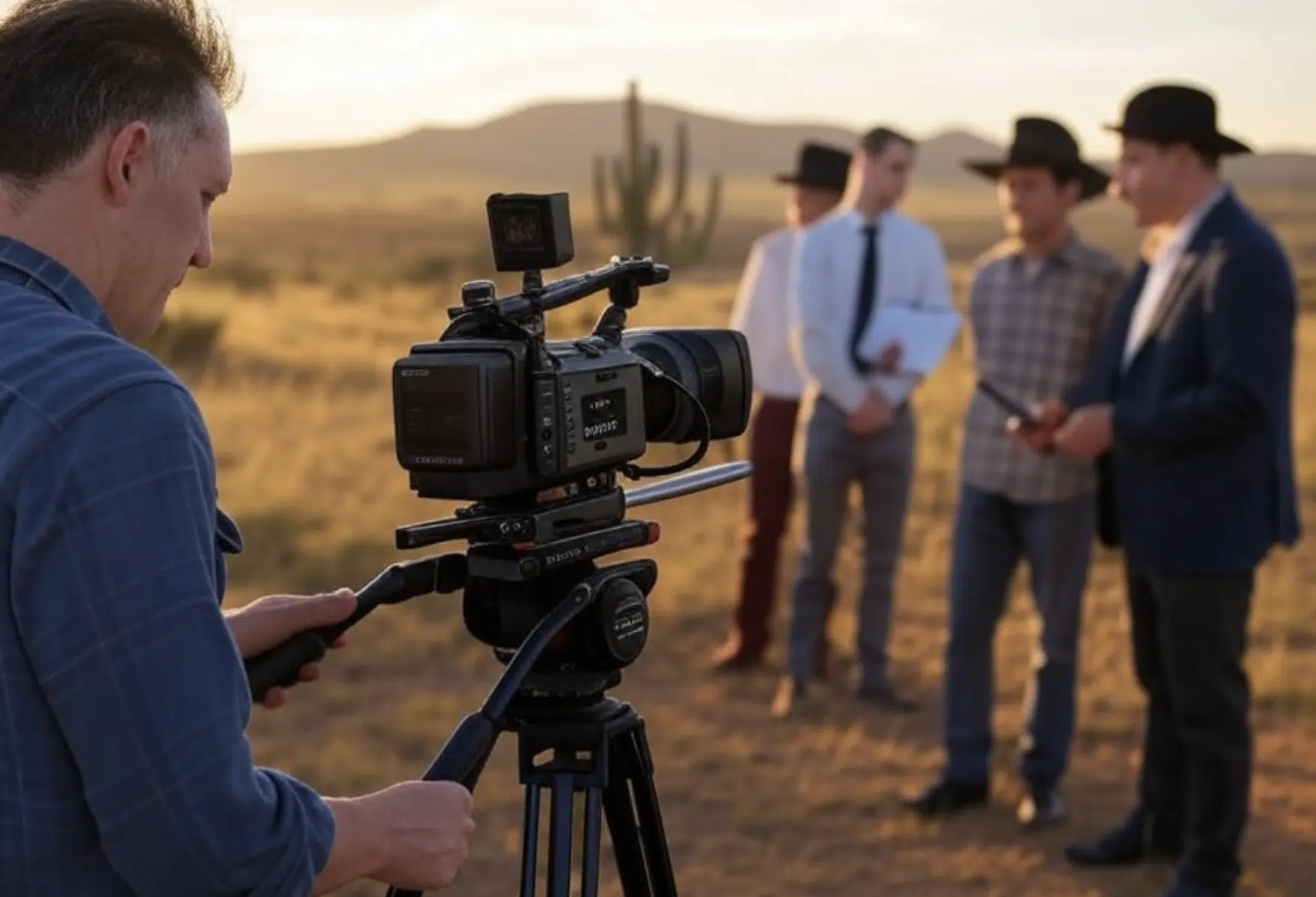 Cámara de video montada en un trípode con un grupo de personas al fondo en un paisaje árido.
