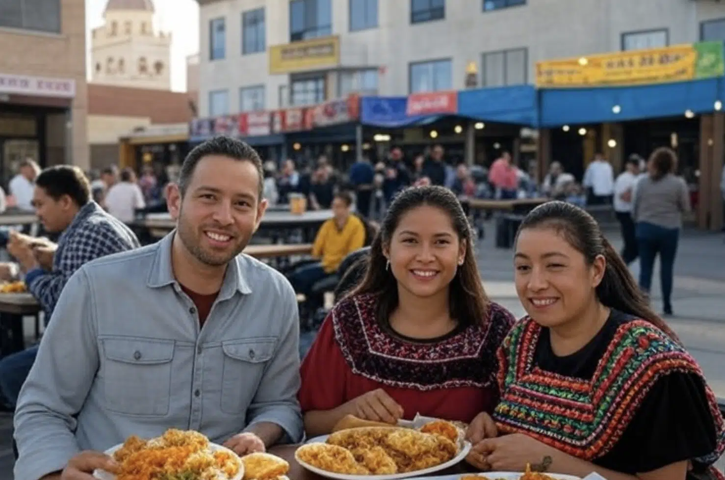 Tres personas sentadas en una mesa con platos de comida en un evento al aire libre.