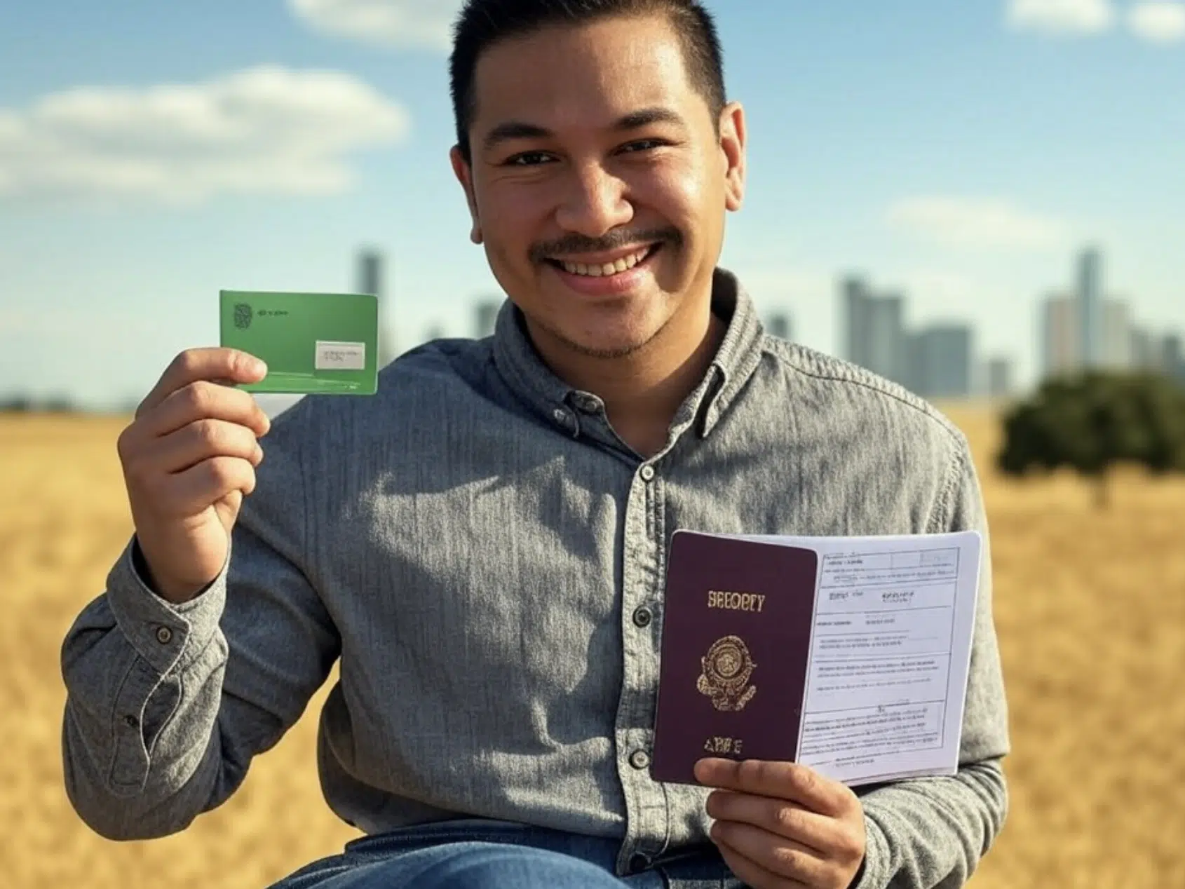 Hombre sonriente sosteniendo un pasaporte y una tarjeta en un entorno al aire libre.