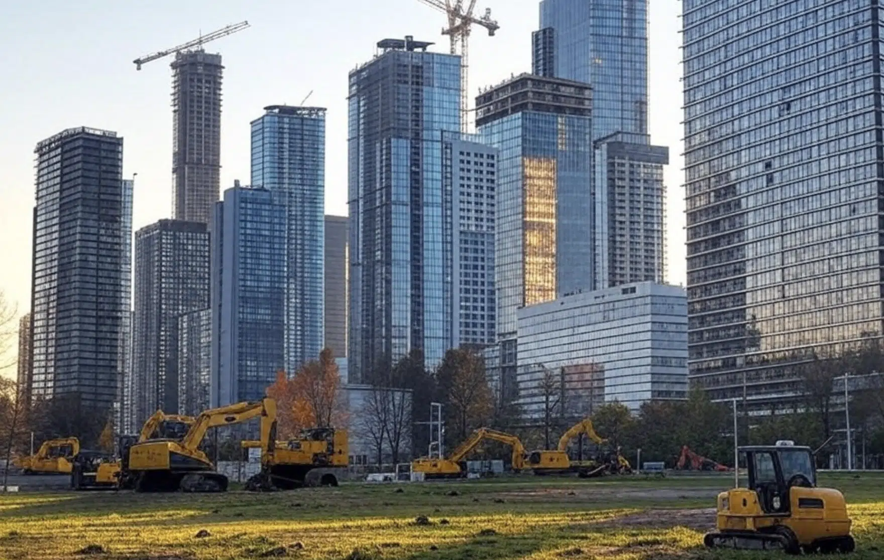 Varios excavadores amarillos en un área de construcción rodeada de edificios altos de vidrio.