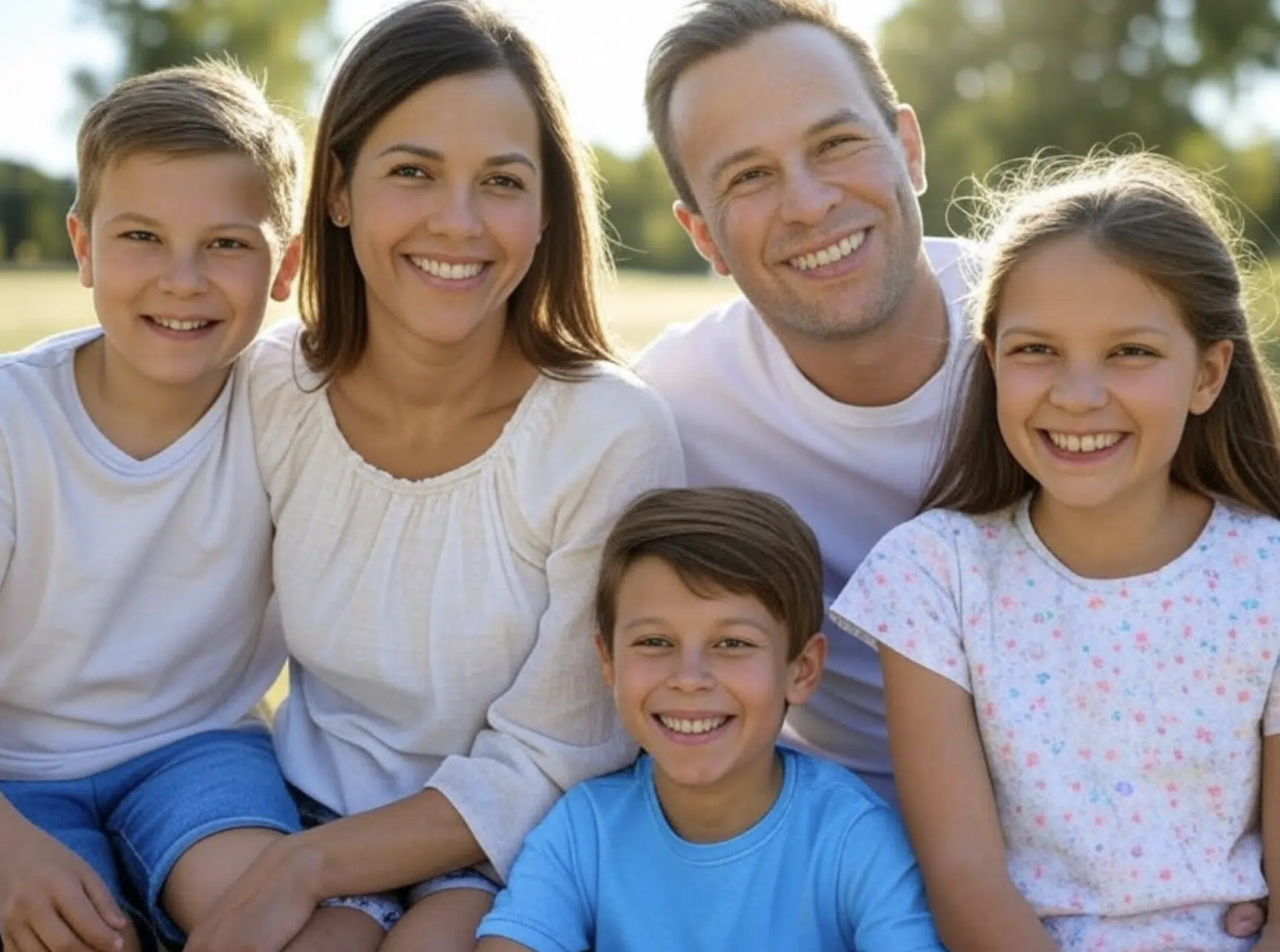 Una familia de cinco personas sonriendo a la cámara en un entorno al aire libre.