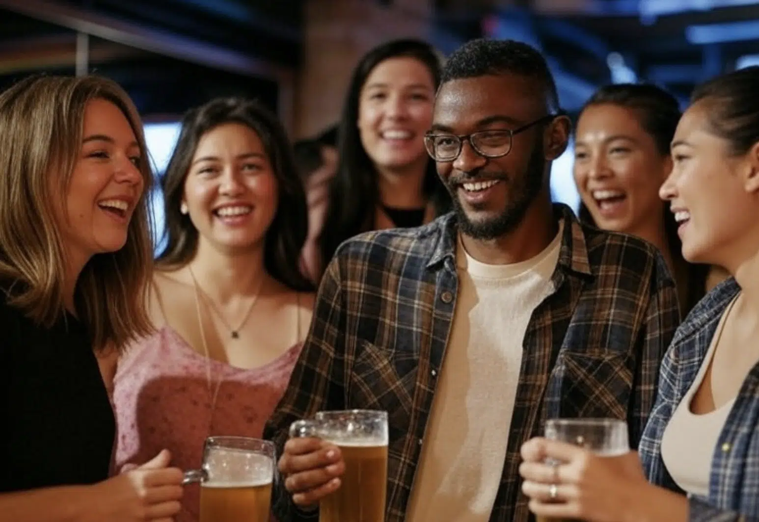 Grupo de seis personas riendo y sosteniendo cervezas en un ambiente social.