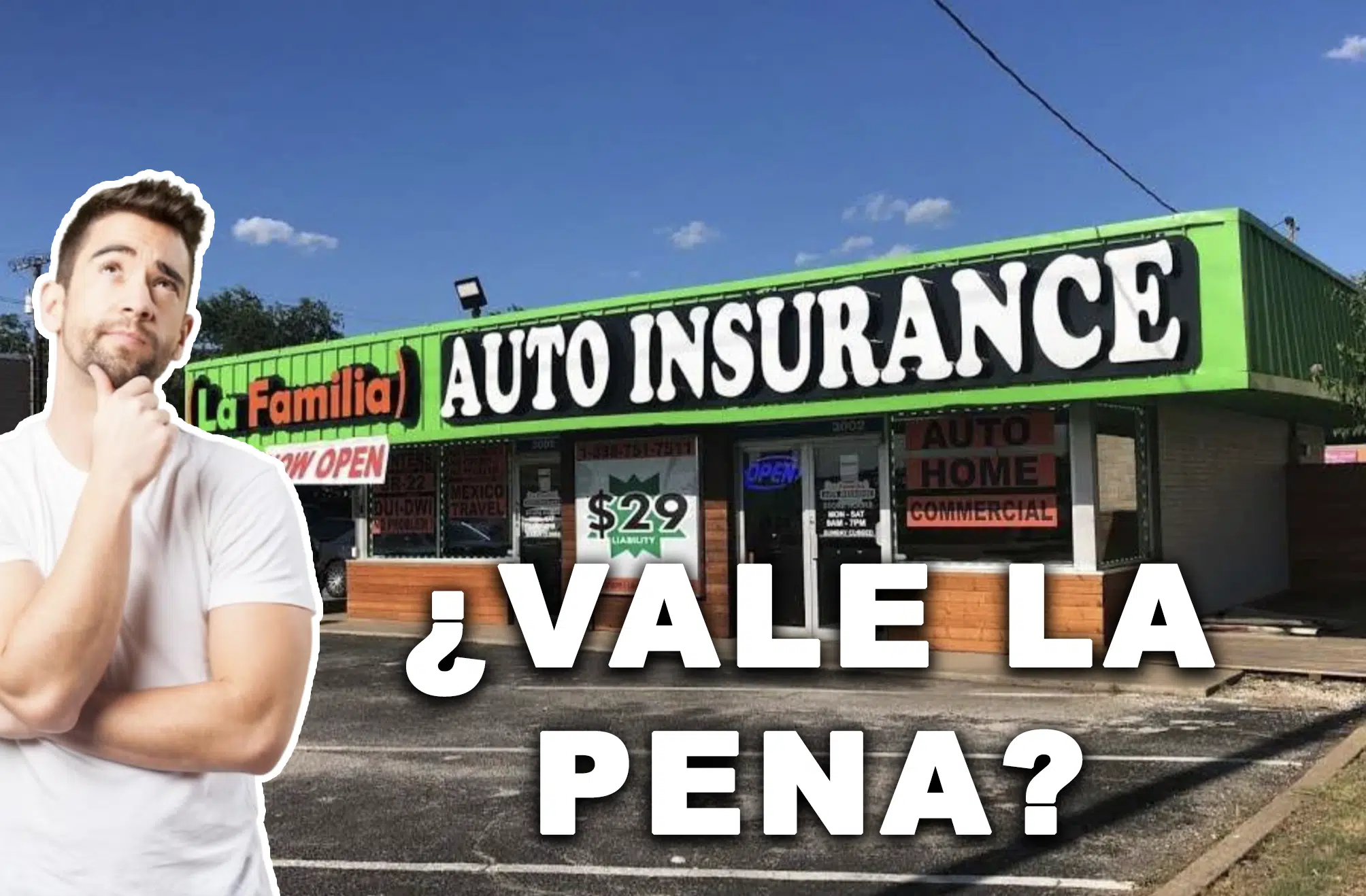 Edificio de la sucursal de seguros de auto La Familia con letrero grande que dice 'AUTO INSURANCE'.