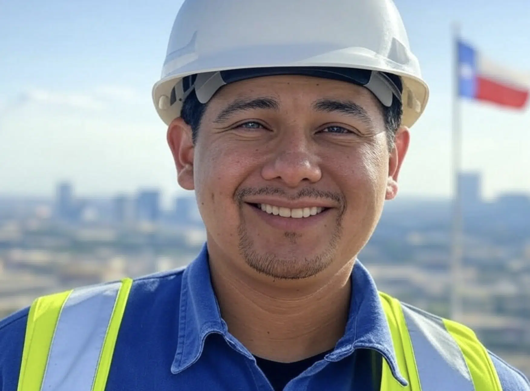 Hombre sonriente con casco blanco y chaleco reflectante, en un entorno urbano con bandera de Texas al fondo.