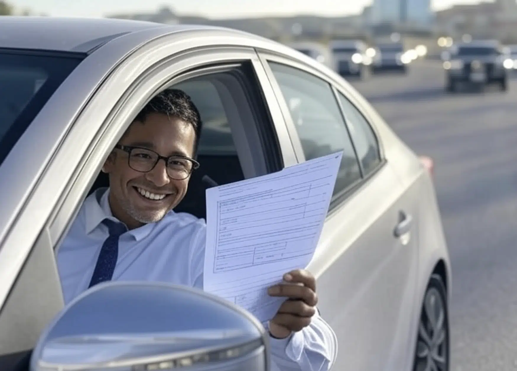 Hombre sonriendo y sosteniendo un documento desde la ventana de un automóvil en la carretera.