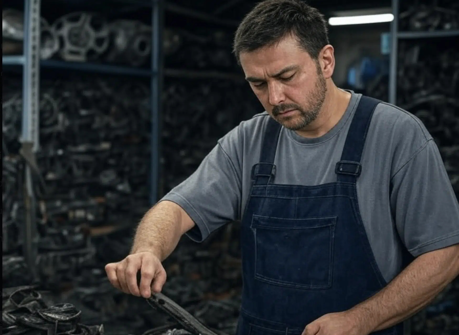 Hombre con overoles azules revisando una pieza en un taller lleno de piezas metálicas.