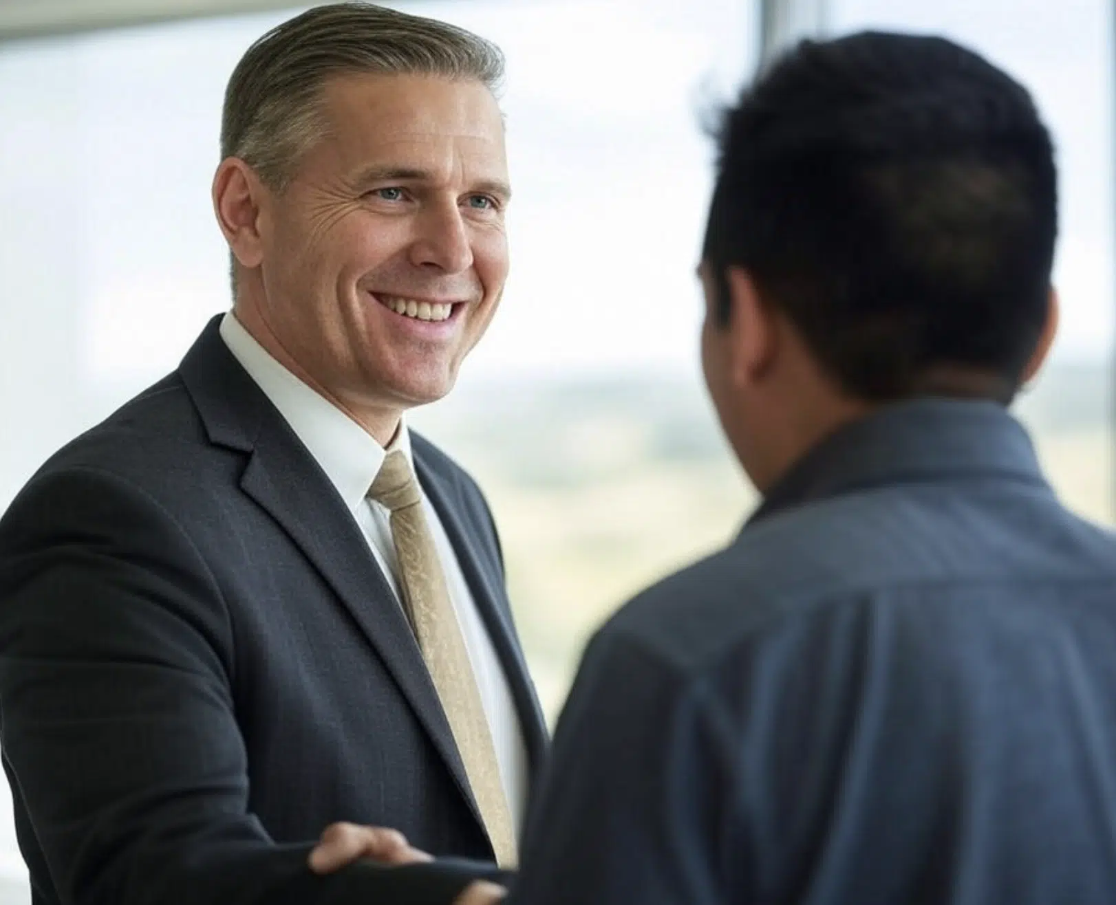 Dos hombres de negocios estrechando manos en un entorno de oficina con luz natural.