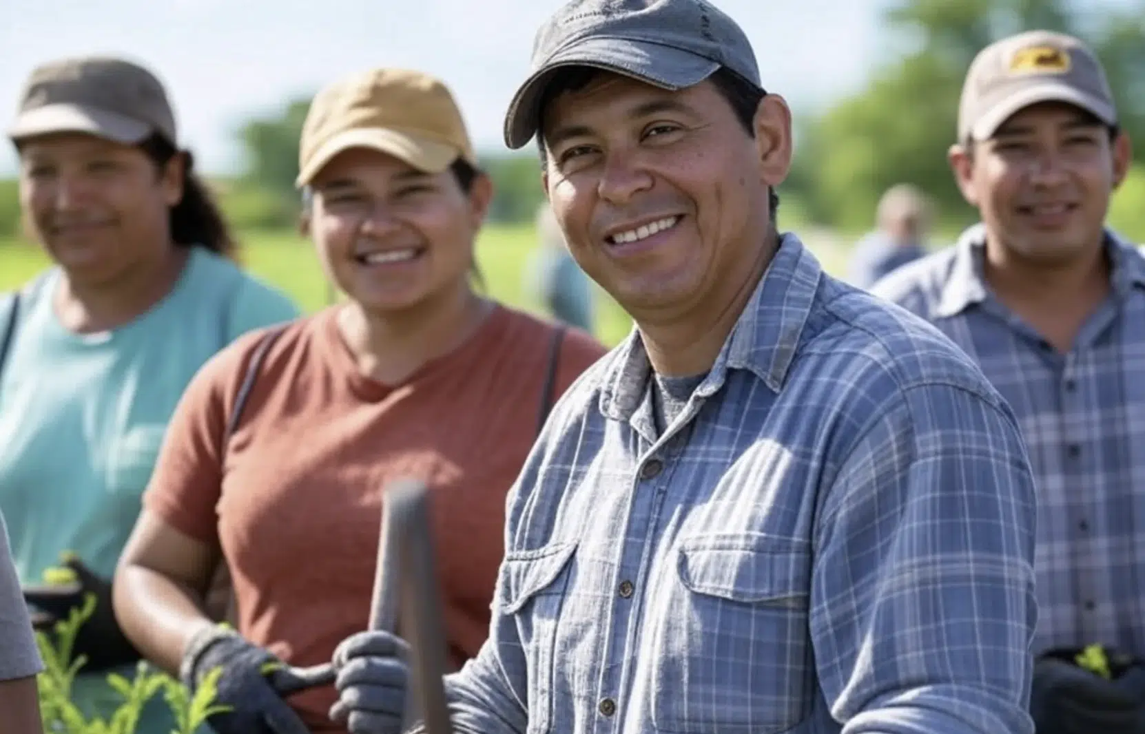 Grupo de trabajadores agrícolas sonriendo mientras sostienen herramientas en un campo.